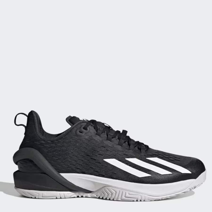 Adidas Adizero Cybersonic Tennis Shoes -Core Black/Cloud White/Carbon colorway on a light gray background.