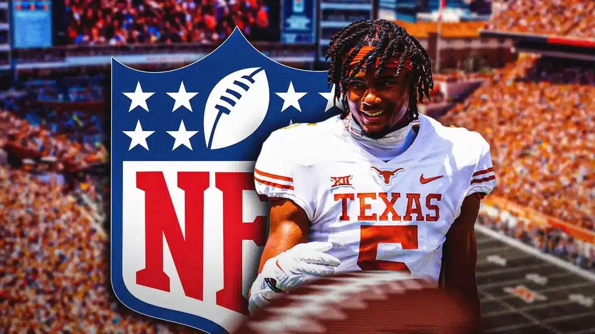 Photo: Adoni Mitchell in Texas uniform with NFL logo in the background