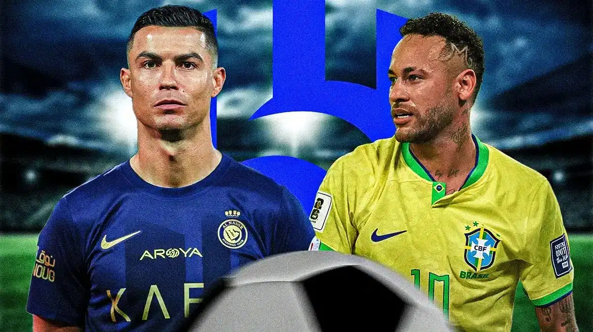 Cristiano Ronaldo and Neymar in front of the Al-Hilal logo