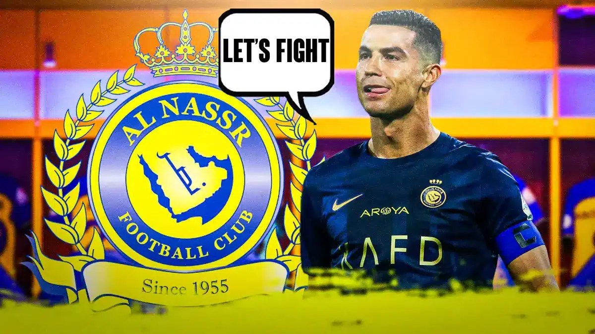 Cristiano Ronaldo saying ‘let’s fight' in a dressing room, the Al-Nassr logo behind him