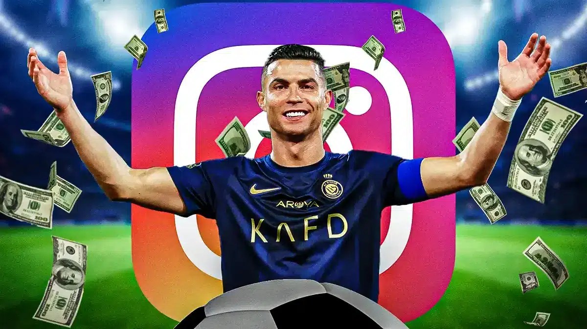 Cristiano Ronaldo in front of the Instagram logo, money falling from the air around him