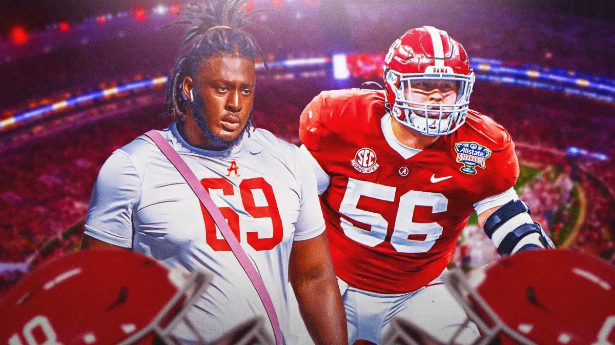 Alabama football, Crimson Tide, Seth McLaughlin, Terrence Ferguson, Transfer portal, Terrence Ferguson and Seth McLaughlin in Alabama unis with Alabama football stadium in the background