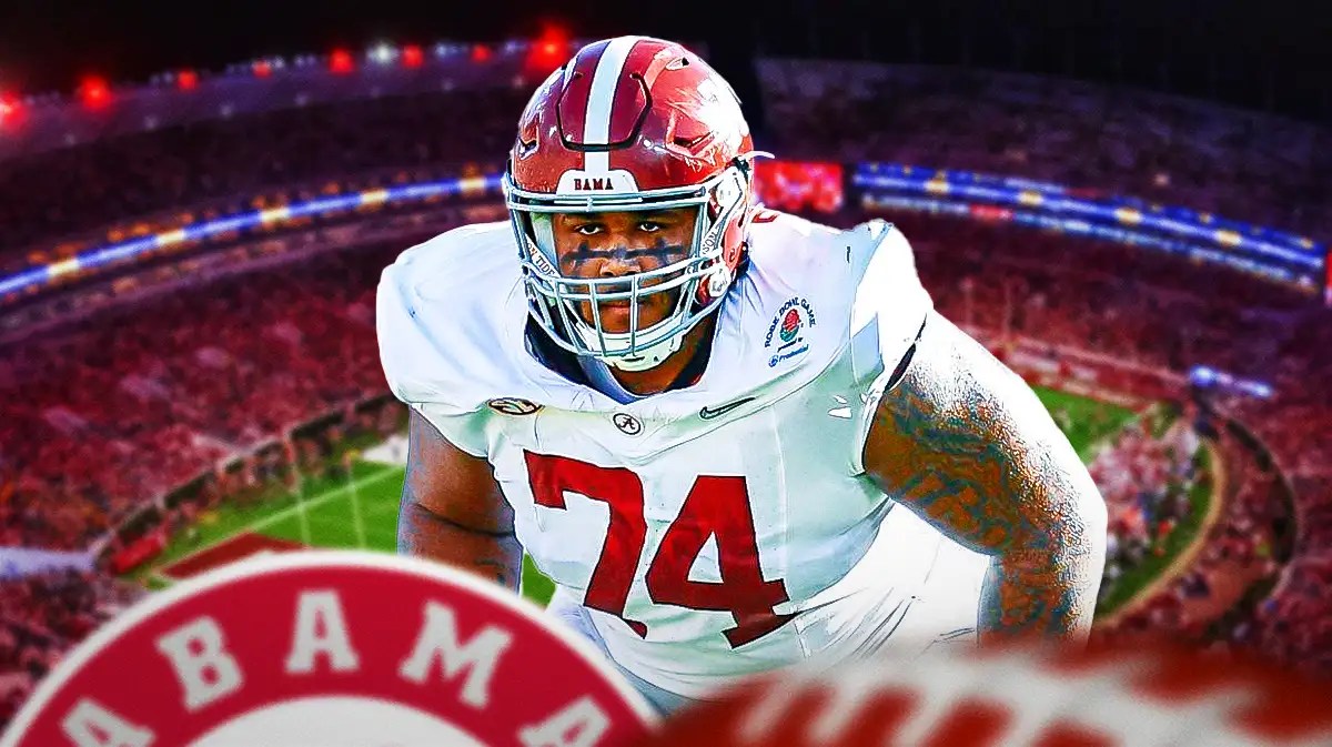 Alabama football, Crimson Tide, Kadyn Proctor, Zion Grady, Transfer portal, Kadyn Proctor in Alabama uni with Alabama football stadium in the background