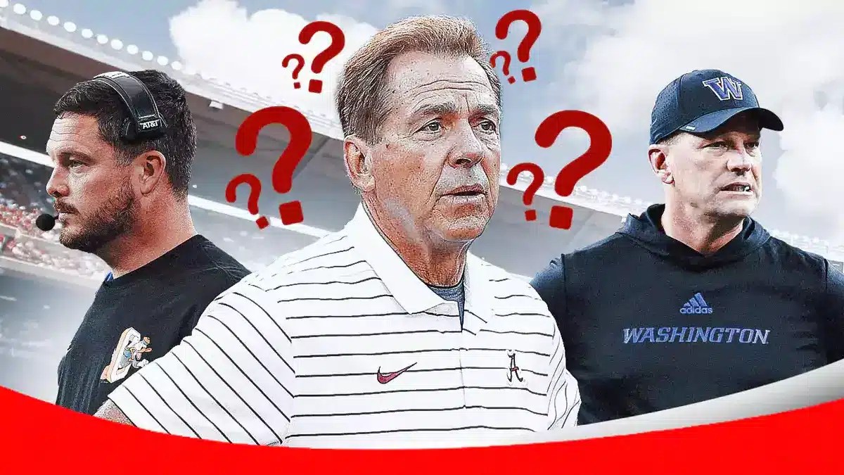 Nick Saban with question marks above his head. Dan Lanning, Kalen DeBoer in the background