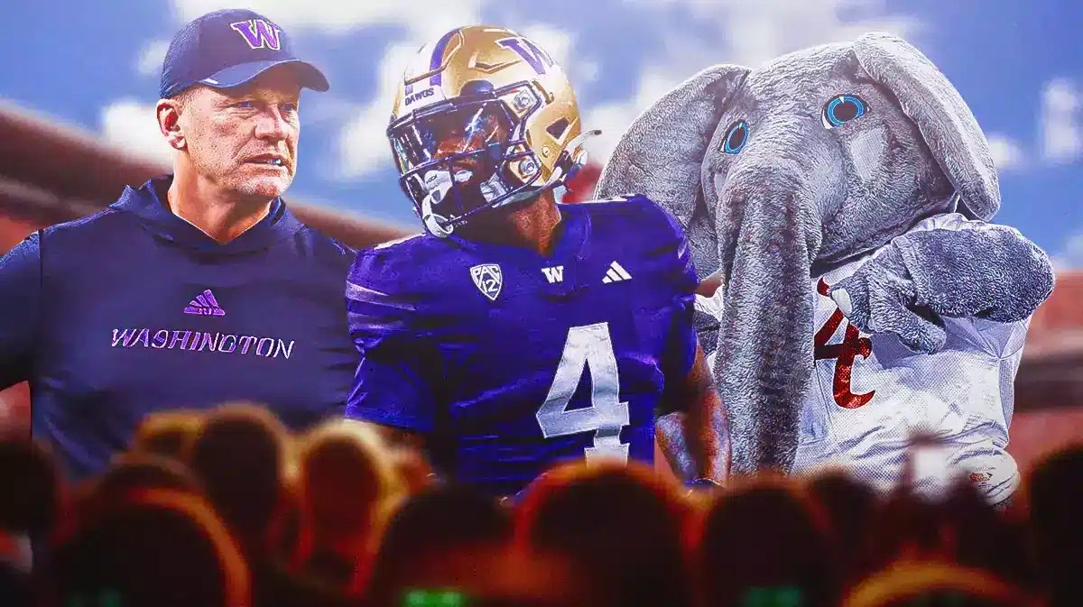 Germie Bernard (Washington football) with Kalen DeBoer and Alabama football mascot