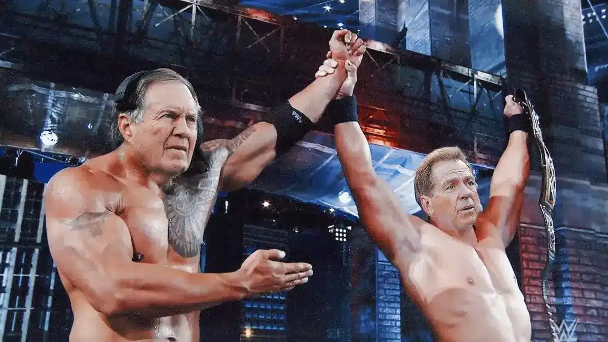 Image: Bill Belichick (Patriots) head coach) with Nick Saban (Alabama football) as wrestlers