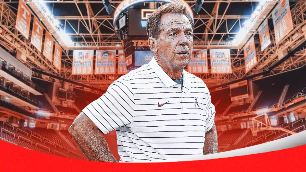 Alabama football, Crimson Tide, Nick Saban, Tennessee basketball, Volunteers, Nick Saban with Tennessee basketball arena in the background