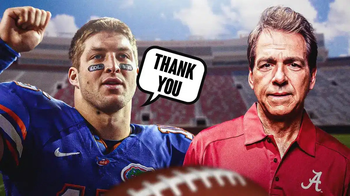 Tim Tebow in a Florida football uniform saying “thank you” to Nick Saban