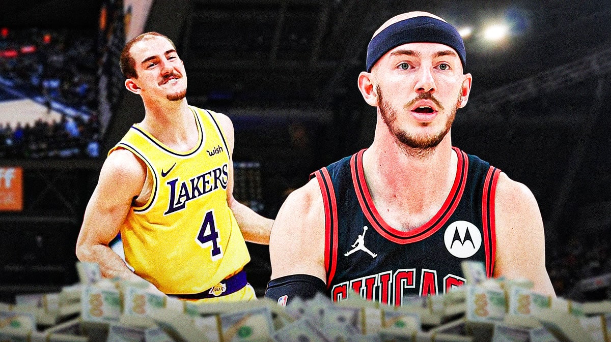 Alex Caruso playing for the Los Angeles Lakers and Chicago Bulls.