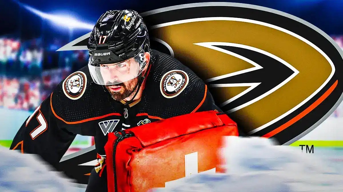 Alex Killorn in middle of image looking stern, first aid kit to represent injury, ANA Ducks logo, hockey rink in background