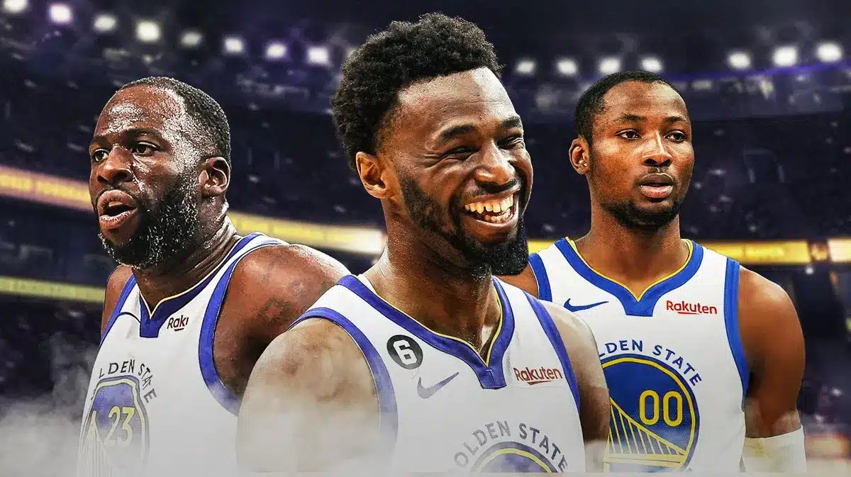 Warriors' Andrew Wiggins with Draymond Green and Jonathan Kuminga