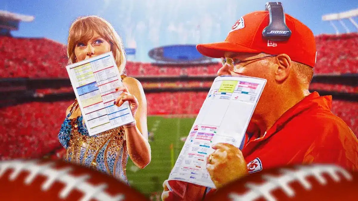 Taylor Swift and Andy Reid both holding play sheets over their faces to hide their lips