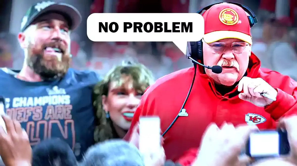 Chiefs' Andy Reid saying the following: No problem Place Chiefs' Travis Kelce and Taylor Swift in background together.