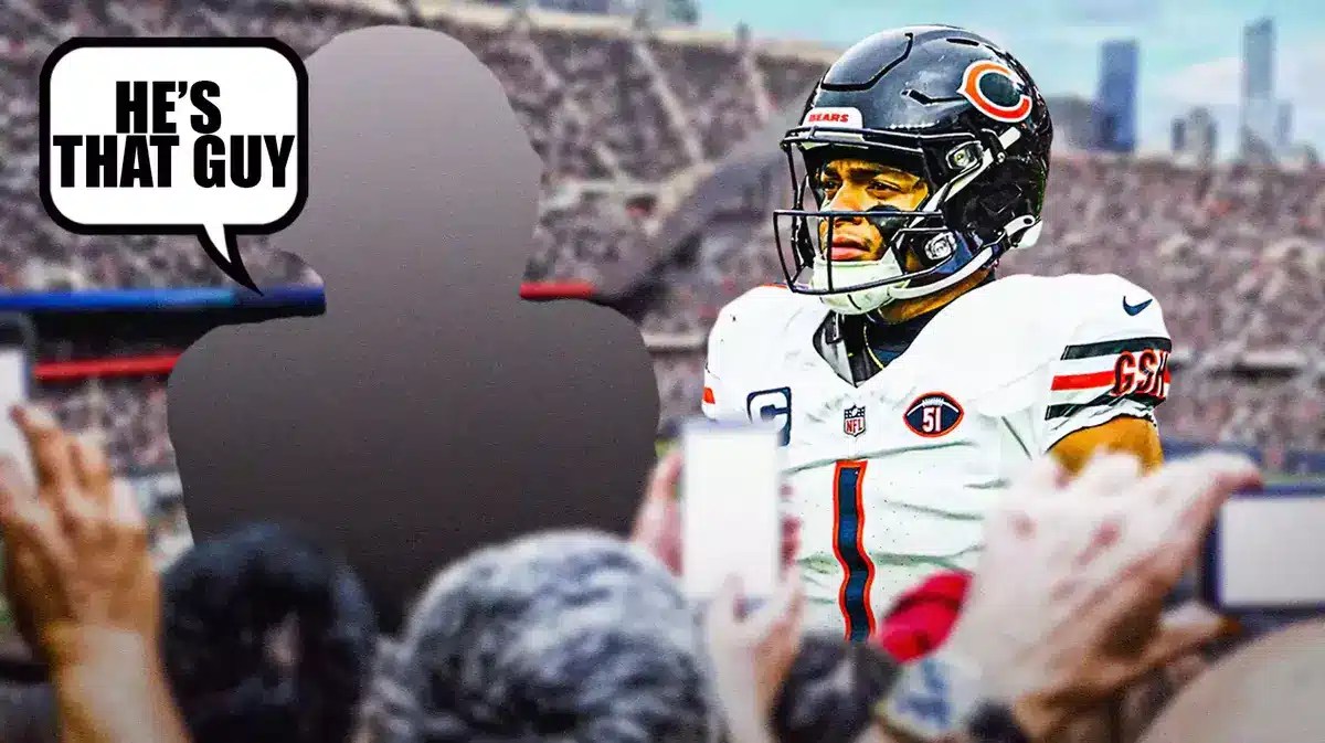 Justin Fields. DJ Moore as a silhouette saying “He’s that guy”