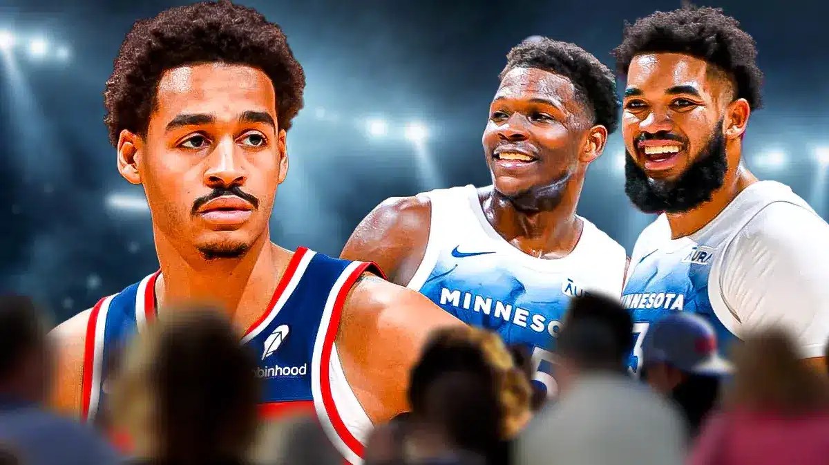 Timberwolves' Karl-Anthony Towns and Anthony Edwards smiling while Jordan Poole looks serious