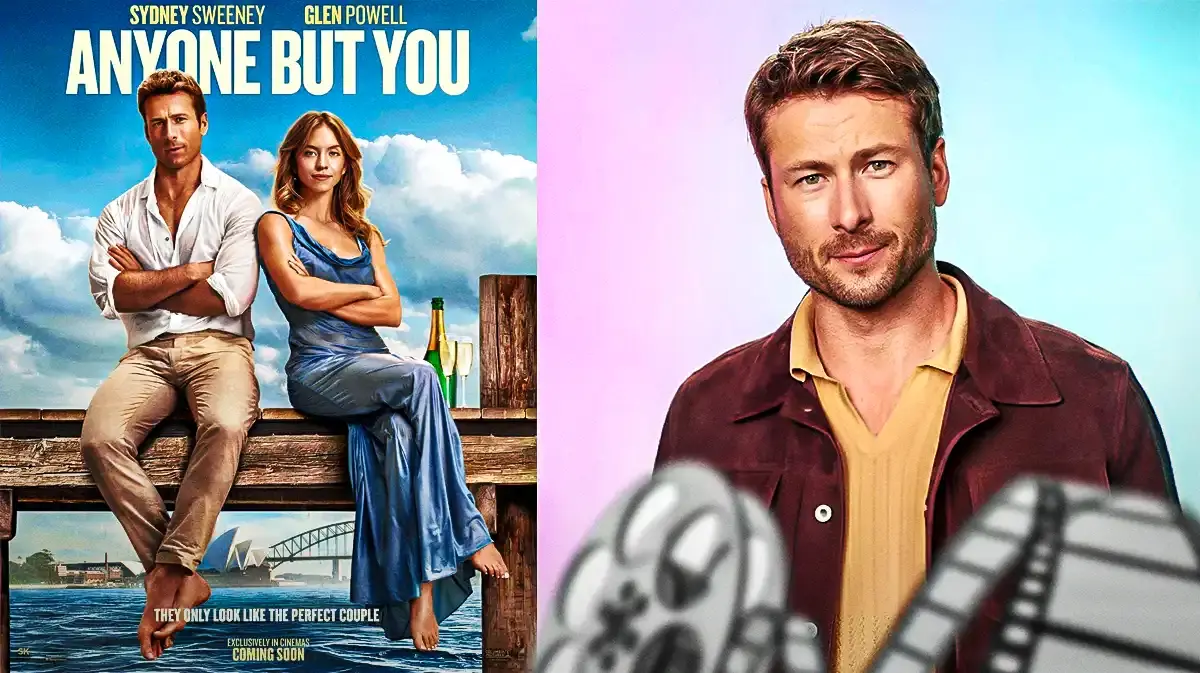 Anyone But You poster and Glen Powell.