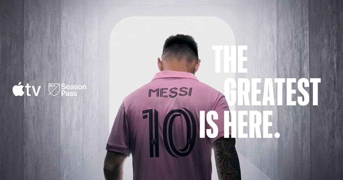 Lionel messi on Inter Miami with Apple TV MLS Season Pass logo