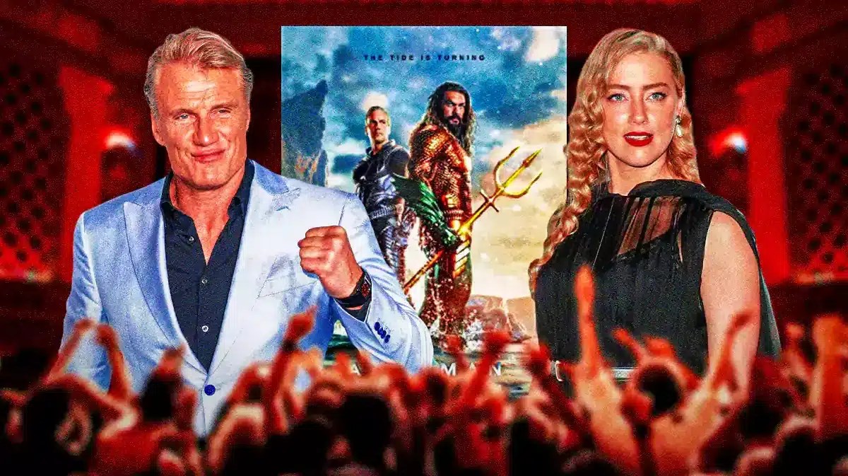 Dolph Lundgren and Amber Heard around Aquaman 2 poster.