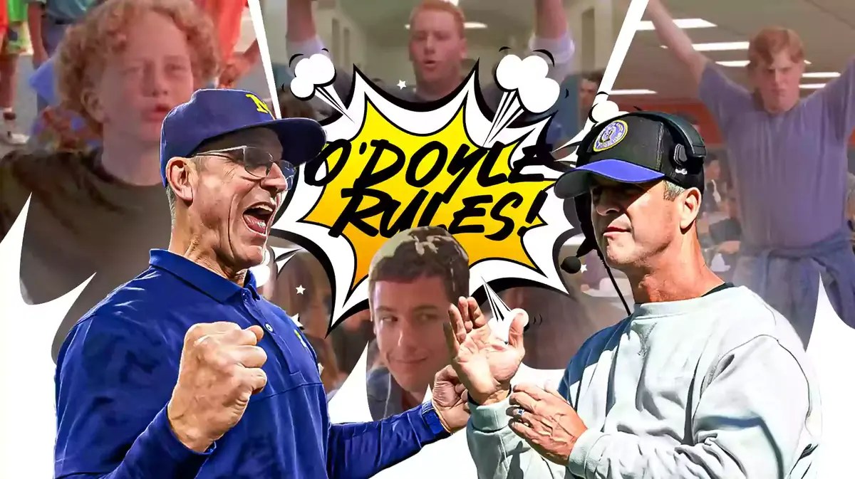 Jim and John Harbaugh, alongside a collage of images of the O’Doyle brothers from the movie Billy Madison. A speech bubble says, “O’Doyle Rules!” And Adam Sandler as Billy Madison is pictured in image where O’Doyle spills a drink on Madison's head