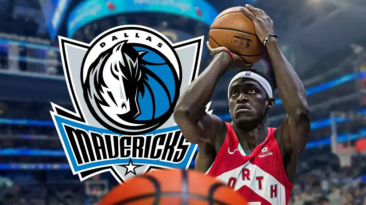 Raptors' Pascal Siakam shooting a basketball next to the Mavericks' logo.