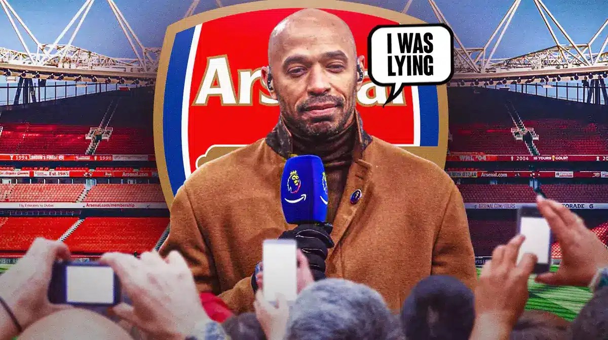 Thierry Henry saying: ‘I was lying’ in front of the Arsenal logo premier league