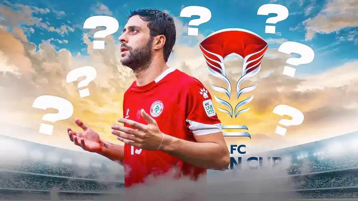 Khalil Khamis in front of the Asian Cup logo, questionmarks around him