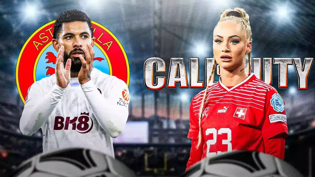 Alisha Lehmann and Douglas Luiz in front of the Aston Villa and Call of Duty logos