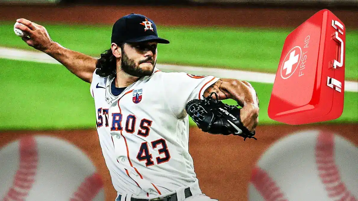 Photo: Lance McCullers Jr in Astros jersey in action with medical kit beside him