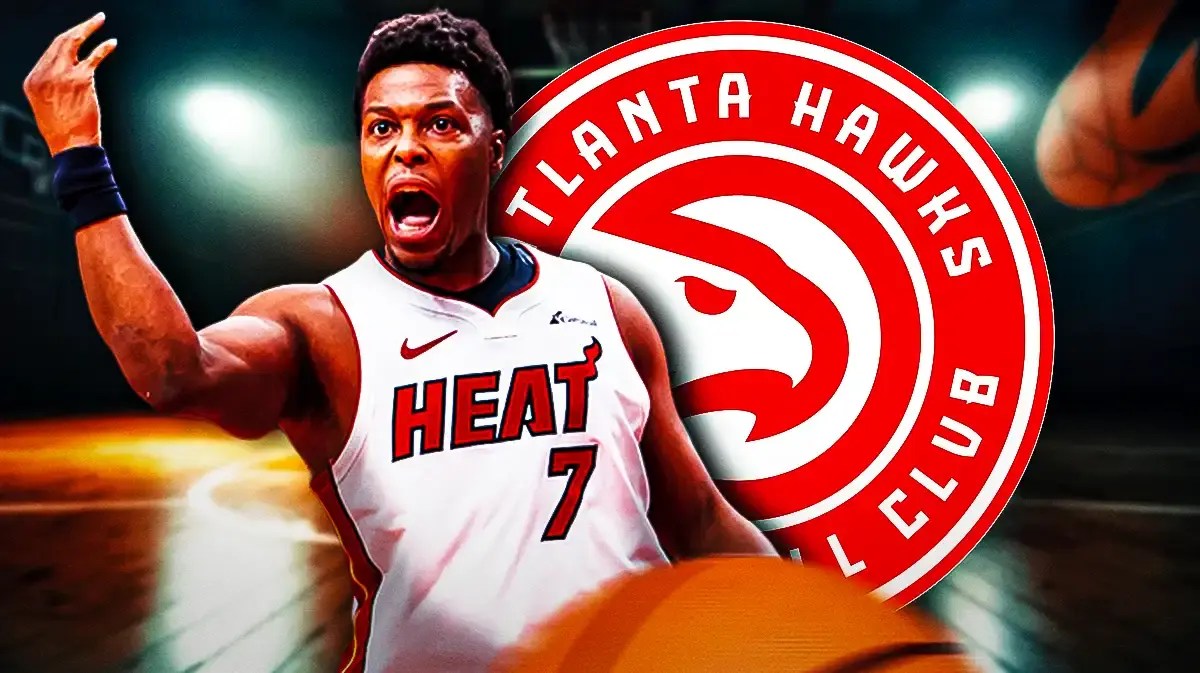 Kyle Lowry standings next ti the Hawks logo amid NBA trade rumors, Terry Rozier sitting out of frame, Kyle Lowry reacting to betting odds