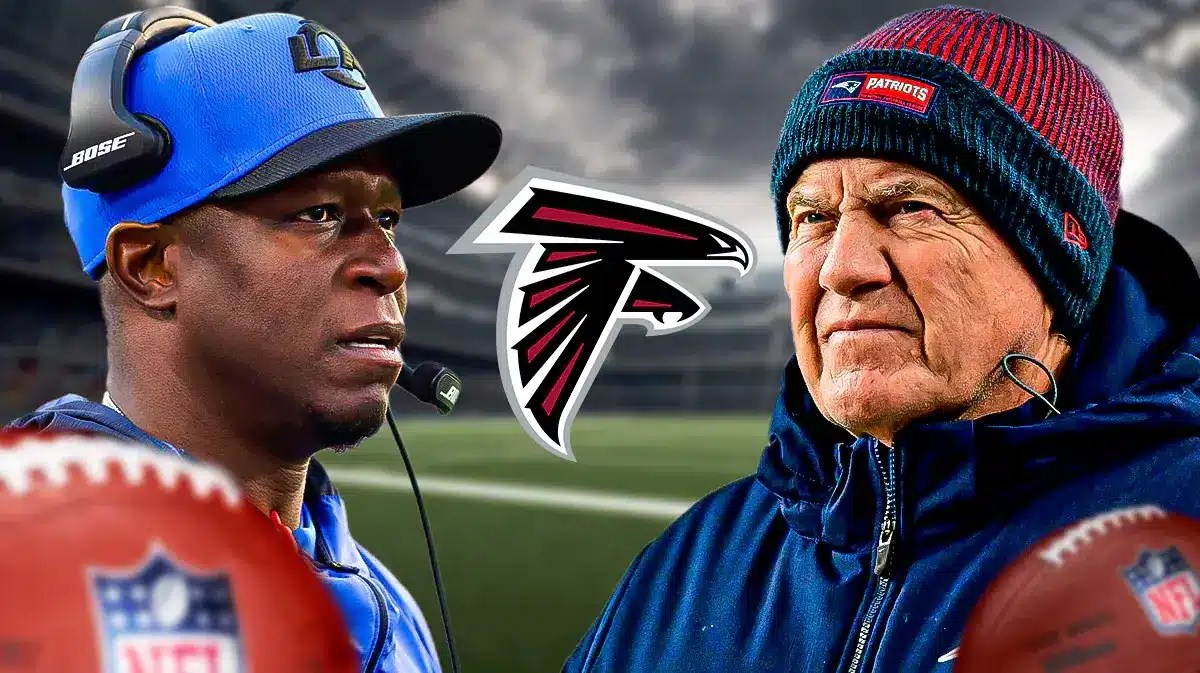Raheem Morris and Bill Belichick next to the Falcons logo