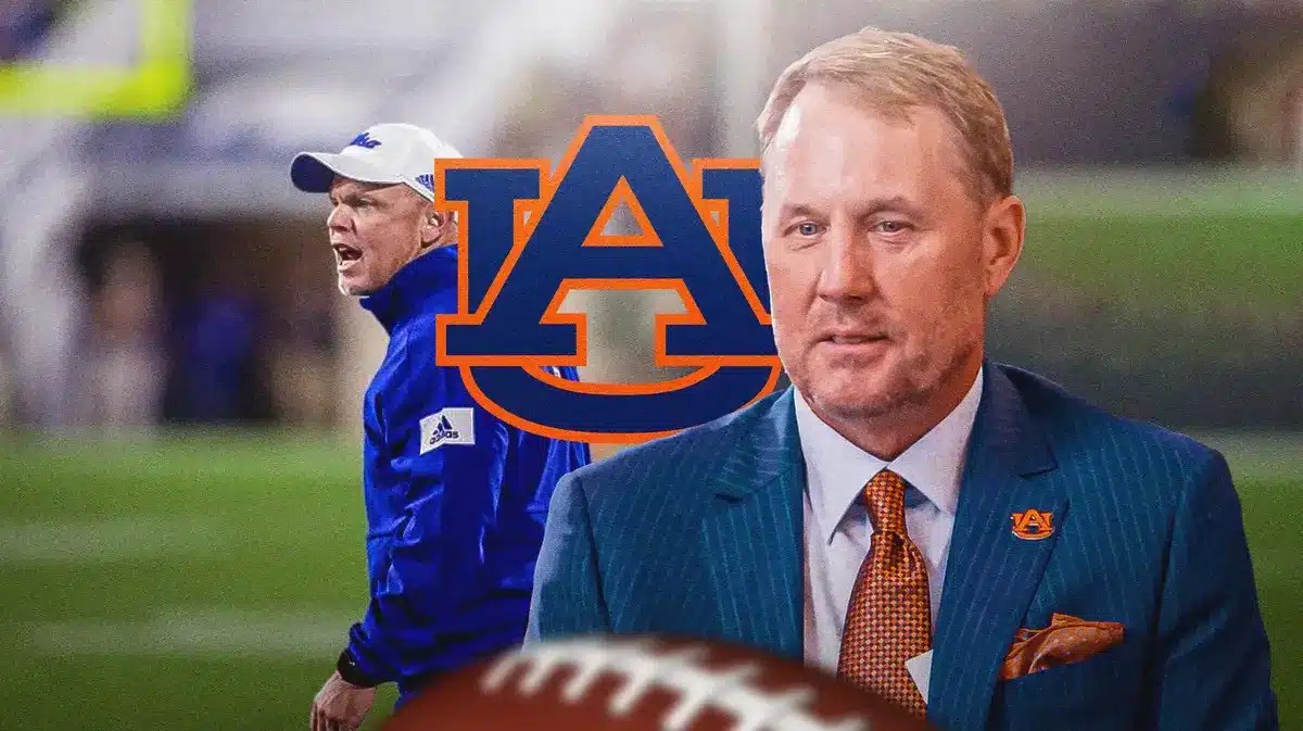 Auburn football’s Hugh Freeze looking serious. Auburn football’s Phillip Montgomery walking away from him looking upset. Auburn football logo background.
