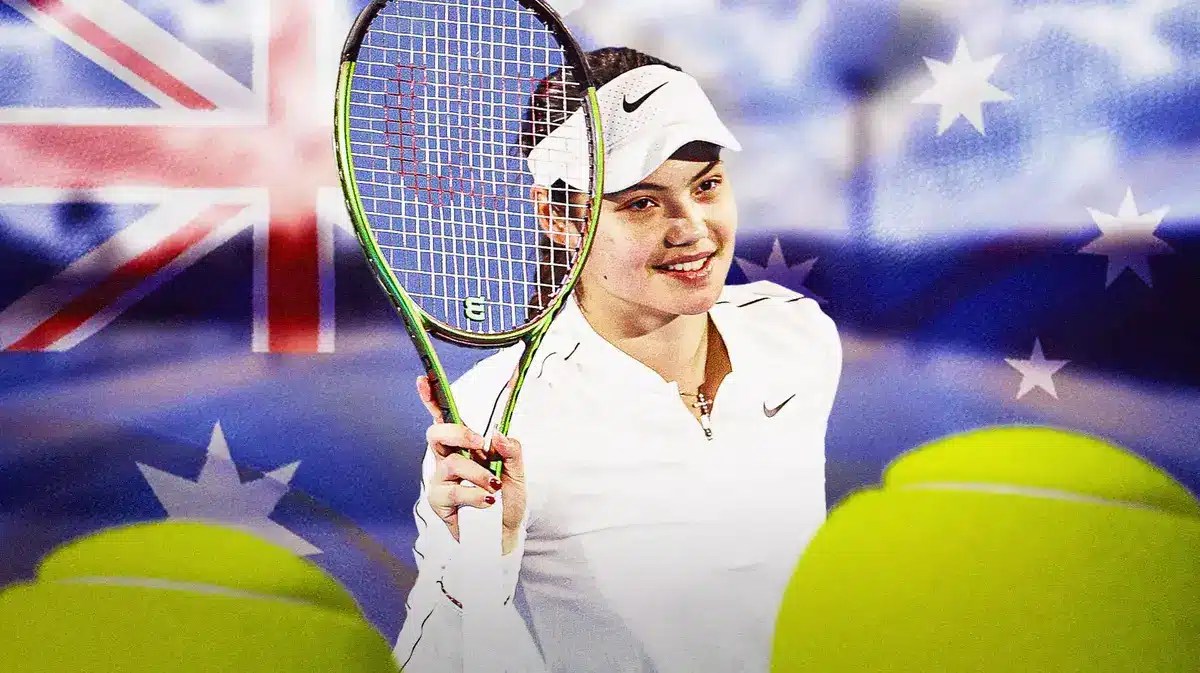 Women’s tennis player Emma Raducanu in her tennis gear, with the Australian flag behind her and tennis balls