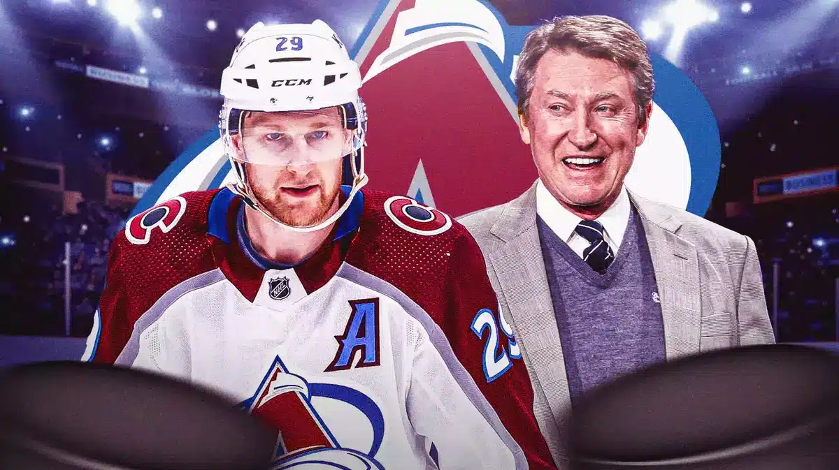 Nathan MacKinnon on one side looking happy, Wayne Gretzky on other side looking impressed, COL Avalanche logo in image, hockey rink in background