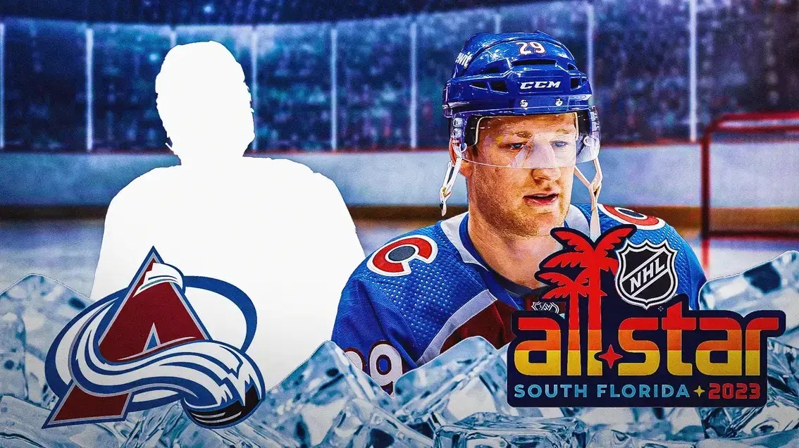 Nathan MacKinnon in middle of image looking happy, one silhouetted COL Avalanche player on each side, COL Avalanche logo, NHL All-Star logo, hockey rink in background