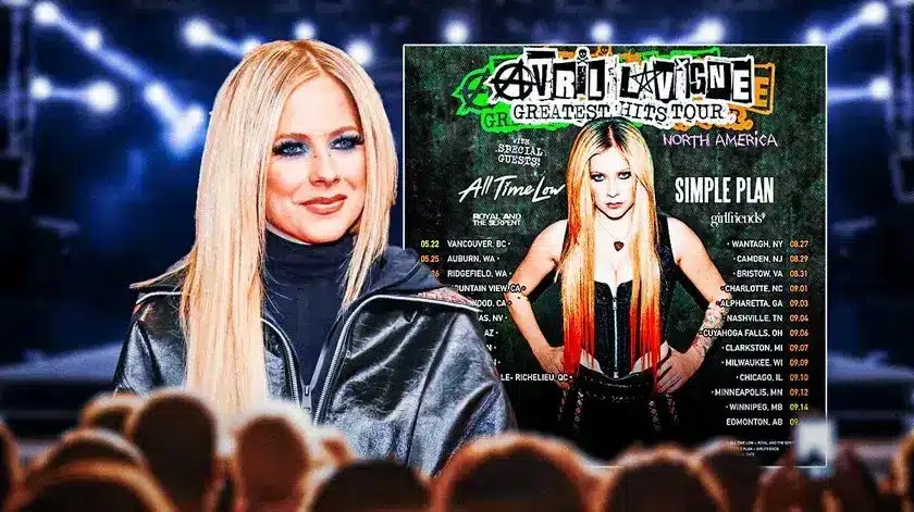 Avril Lavigne next to Greatest Hits tour poster.