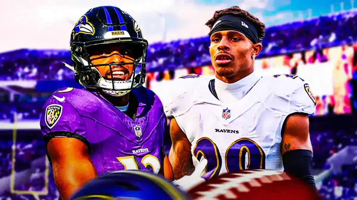 Ravens' Devin Duvernay, Ar'Darius Washington with M&T Bank Stadium in background