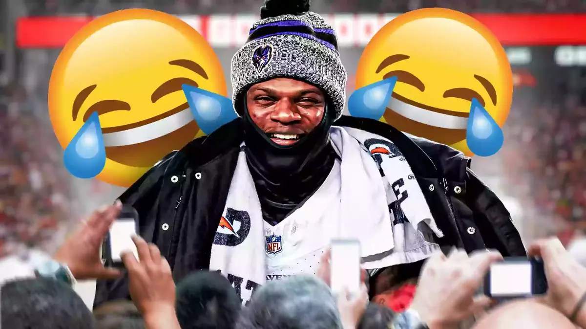 Lamar Jackson laughing with cry laughing emojis near him.
