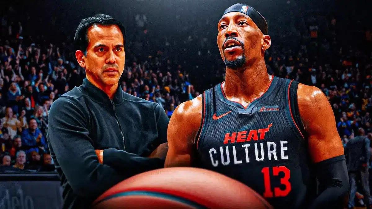 Miami Heat star Bam Adebayo and head coach Erik Spoelstra in front of the Kaseya Center.