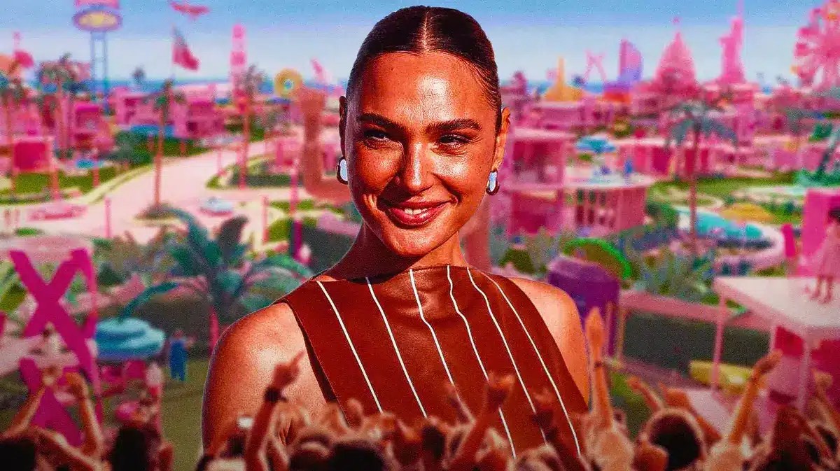 Gal Gadot with Barbie scene behind her.