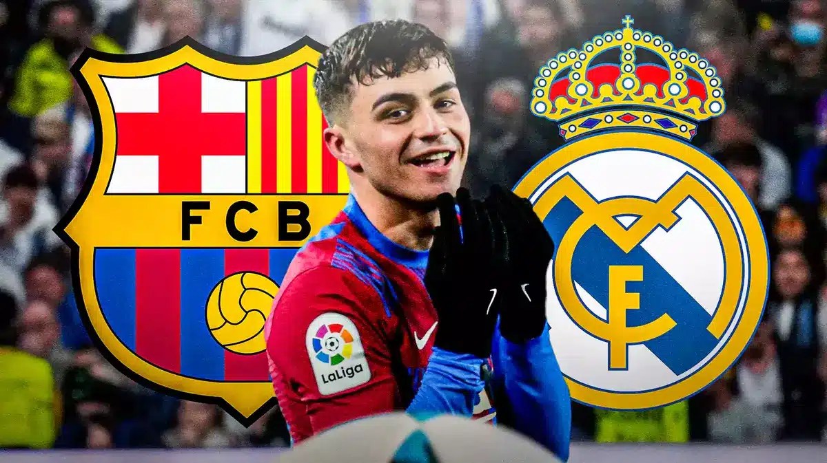Pedri in front of the FC Barcelona and Real Madrid logos