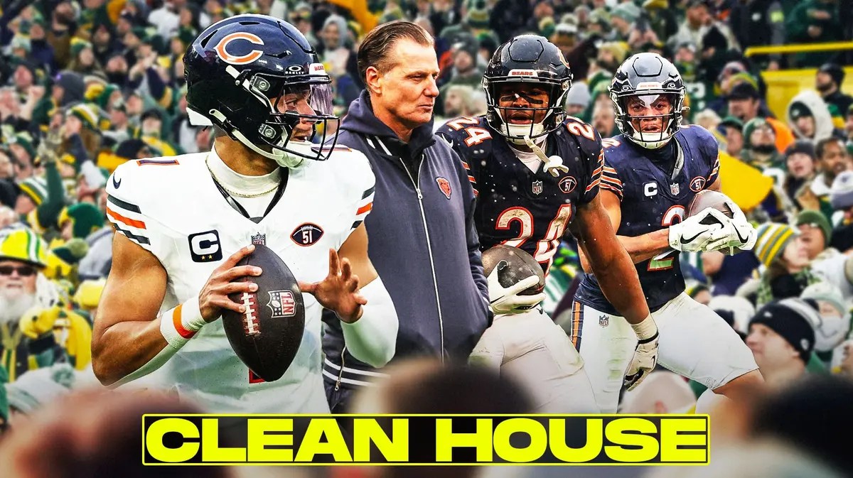 Justin Fields, Coach Matt Eberflus, Khalil Herbert, DJ Moore all beside each other, and Chicago Bears fans in the background.