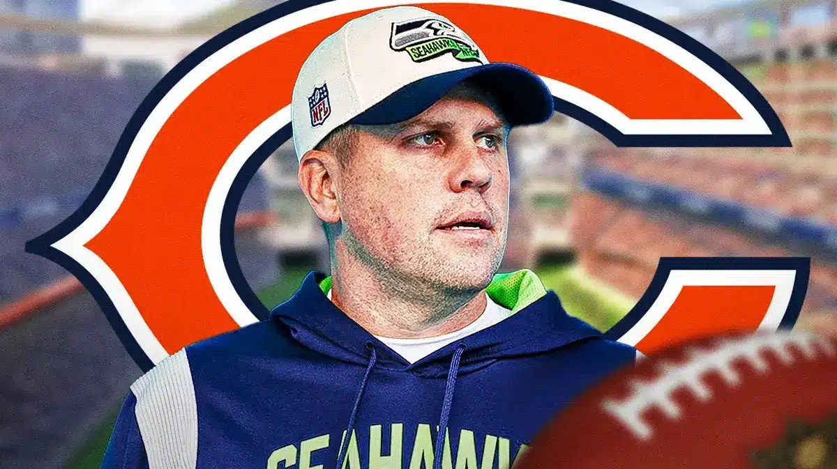 Seahawks offensive coordinator Shane Waldron with Bears' Soldier Field in back