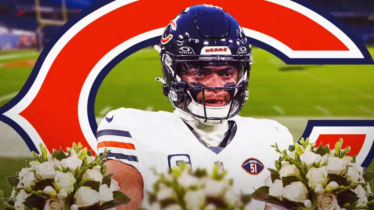 Photo: Justin Fields with Bears uniform and Bears logo behind him with flowers around him