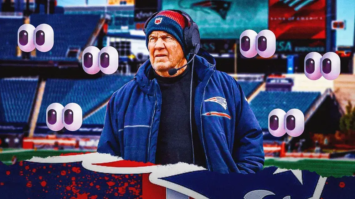 Patriots' Bill Belichick looking serious in front. Place the eyes emoji all around him facing him.