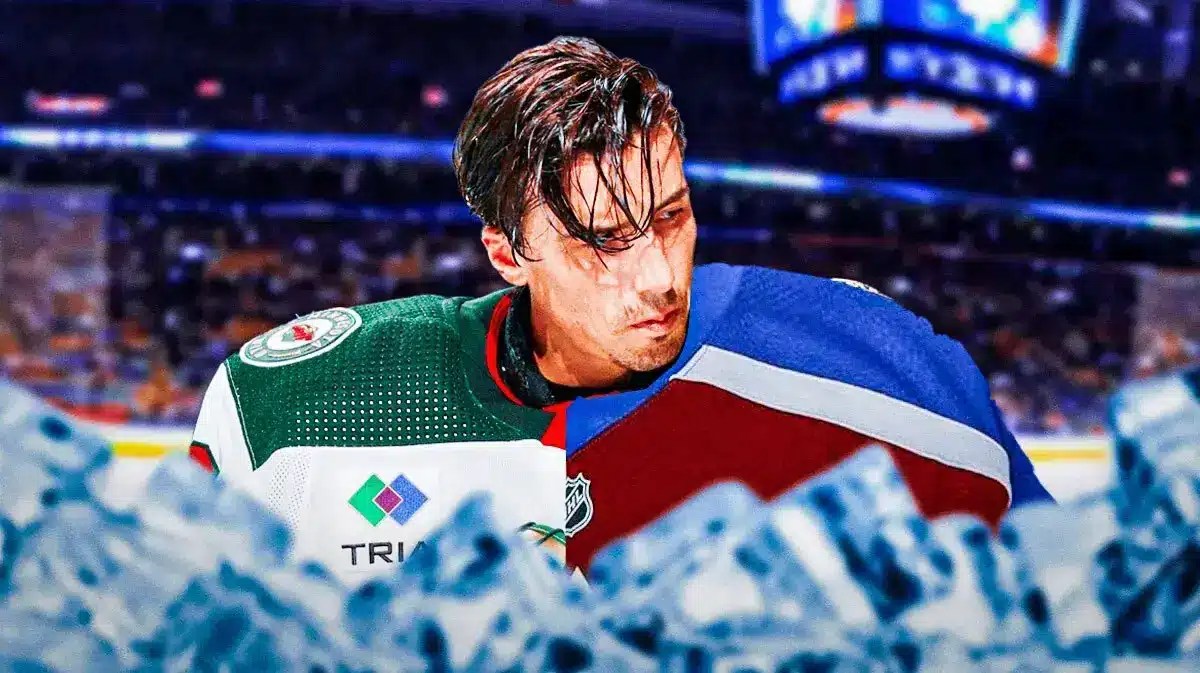 Wild goalie Marc-Andre Fleury with half Flyers jersey and half Avalanche jersey