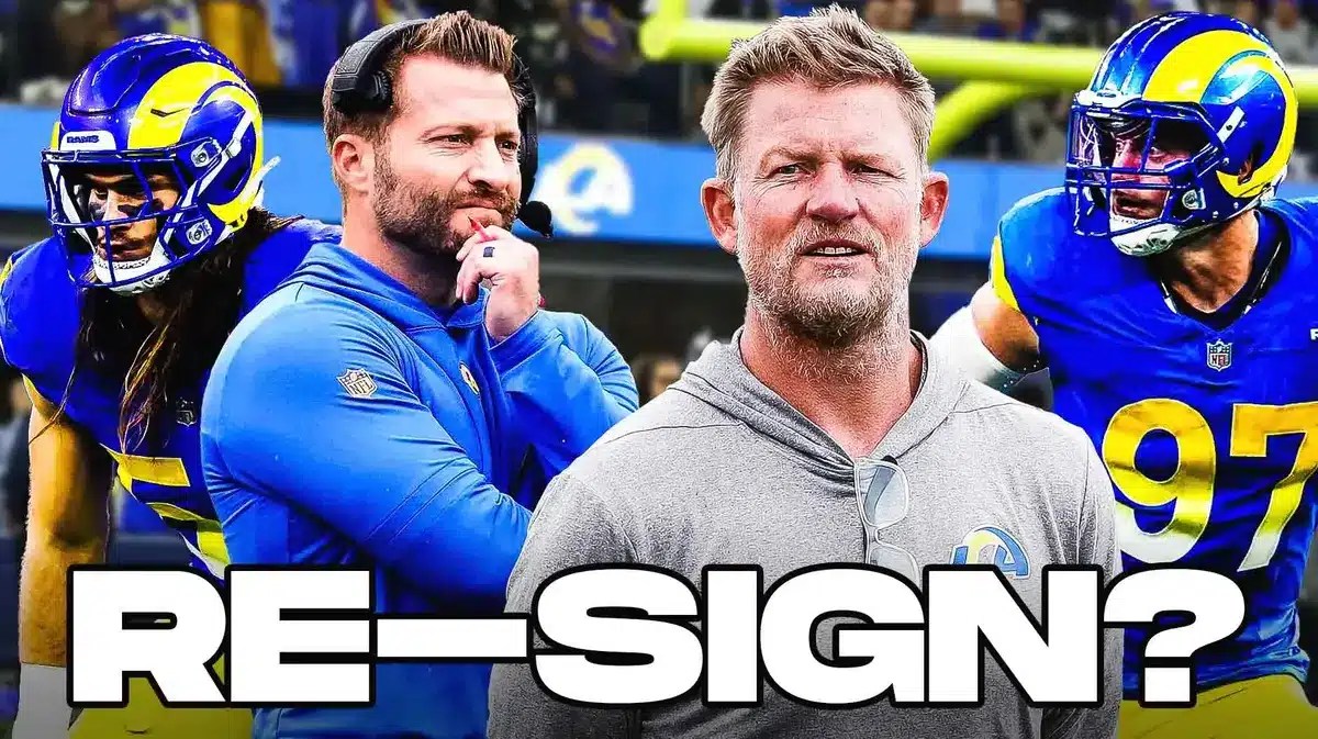Four mystery players in the middle, Coach Sean McVay, GM Les Snead, Michael Hoecht, Christian Rozeboom around them, and Los Angeles Rams wallpaper in the background.