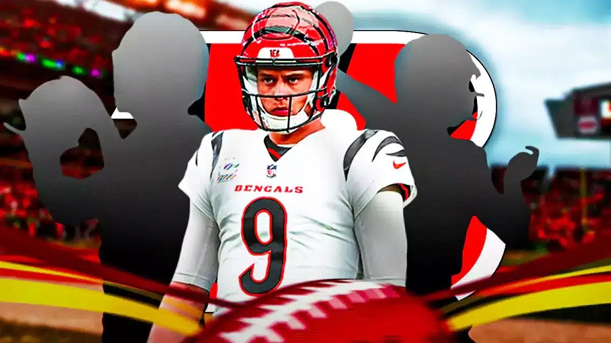 Joe Burrow in middle of image looking hopeful, one silhouetted CIN Bengals player on each side, CIN Bengals logo, football field in background