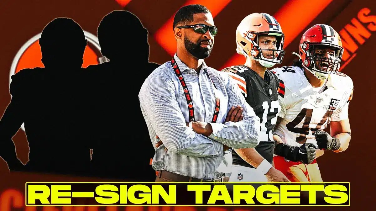 GM Andrew Berry, Corey Bojorquez, Sione Takitaki beside each other, Two mystery players around them, and Cleveland Browns wallpaper in the background.