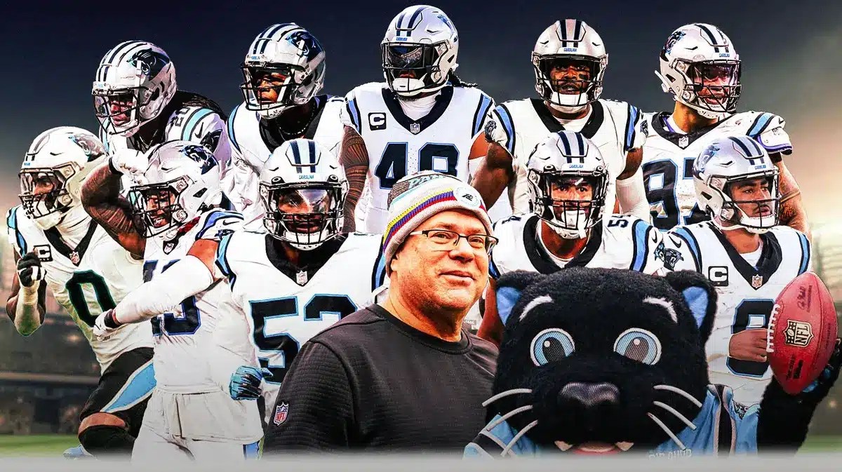 Brian Burns, Frankie Luvu, Yetur Gross-Matos, Troy Hill, Jeremy Chinn, Kamu Grugier-Hill, Deion Jones, DJ Chark, Shaquill Griffin, Bryce Young, David Tepper, and Carolina Panthers mascot