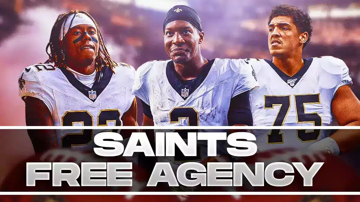 New Orleans Saints' Rashid Shaheed on left side of image, Jameis Winston in center of image, and Andrus Peat on right side of image. Please put text graphic “Saints Free Agency” on bottom of image.